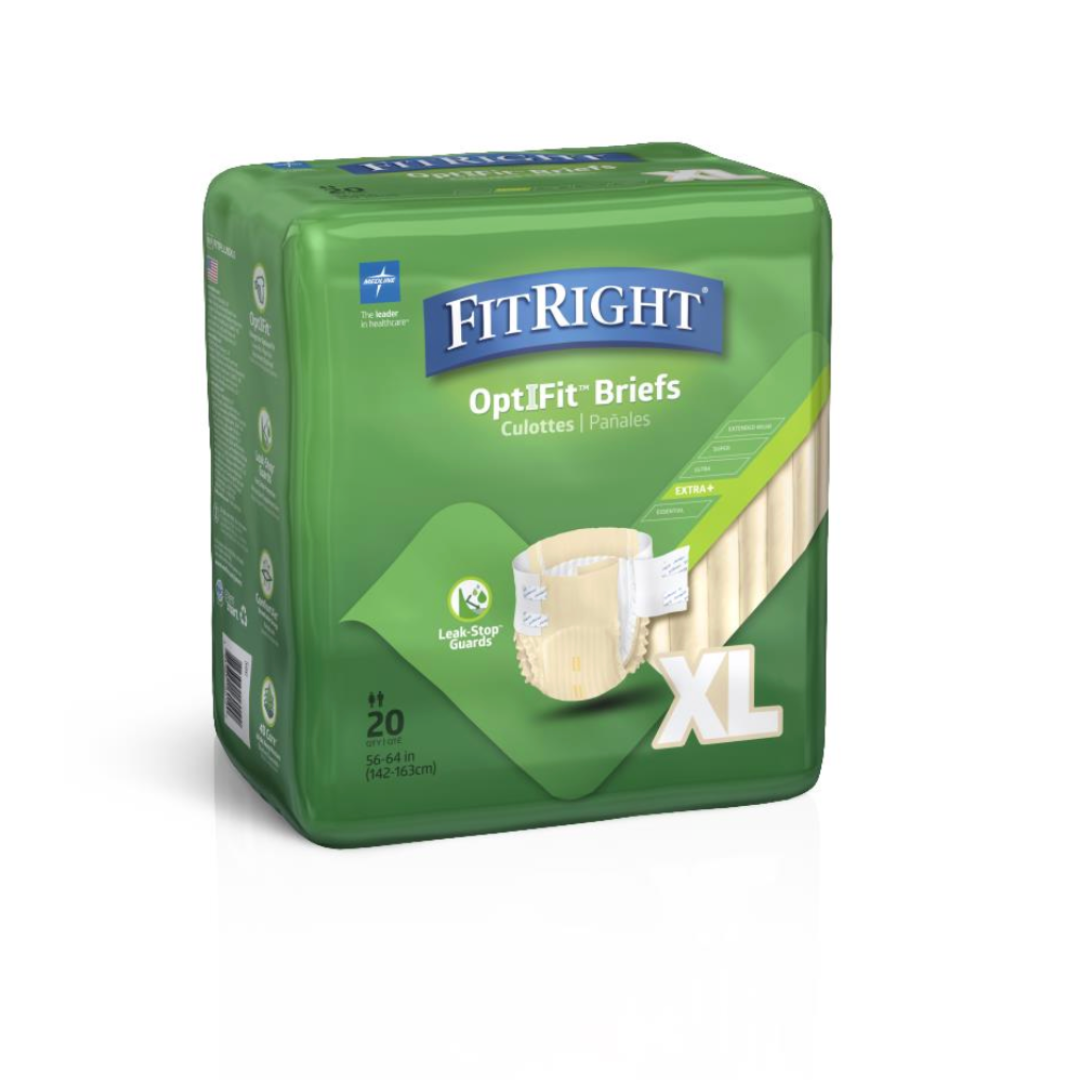 The image displays FitRight Unisex Plus Incontinence Briefs, size XL, in green packaging featuring product branding. Highlights include heavy absorbency, adjustable tab closures, Leak Stop Guards, and a pack quantity of 20.